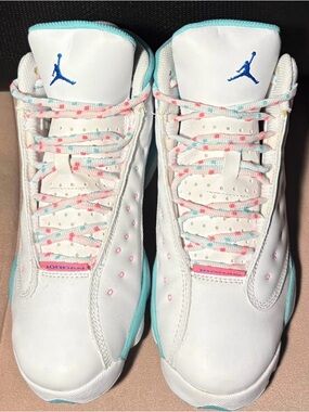 Jordan Kids White Sneakers with Teal and Pink Accents